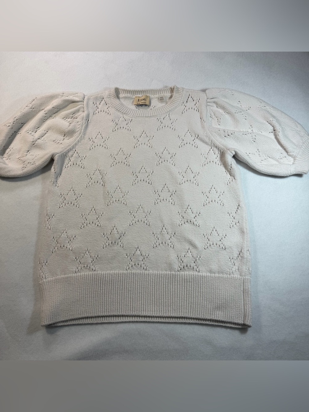 Elie Tahari Medium Ivory Pointelle Puff Sleeve Sweater Cotton